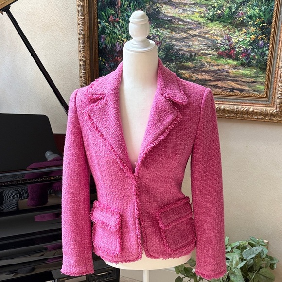 Boston Proper Jackets & Blazers - BOSTON PROPER Pink Gold Bouclé Women's Blazer Jacket Fringe Lined size 4 EUC